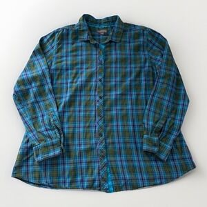 Eddie Bauer Women's Flannel Shirt XXL Blue Green Plaid Cotton Tailored